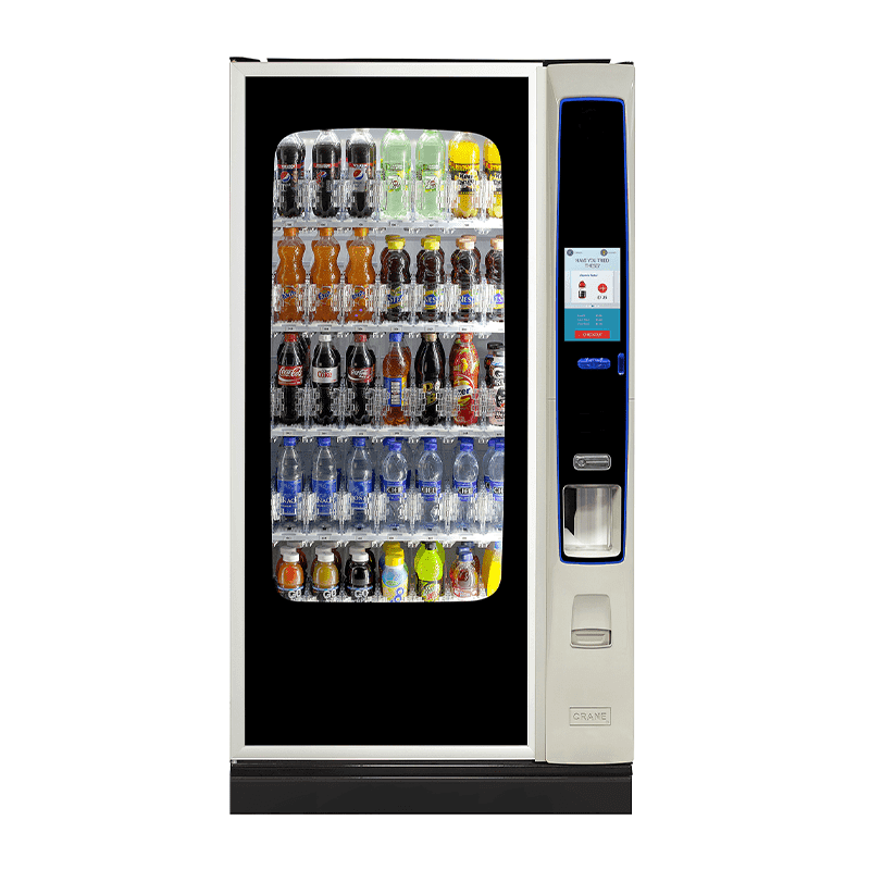 Автомат за студени напитки Crane BevMax Media 2 6 с шест колони бутилки и кутии, изглед отпред