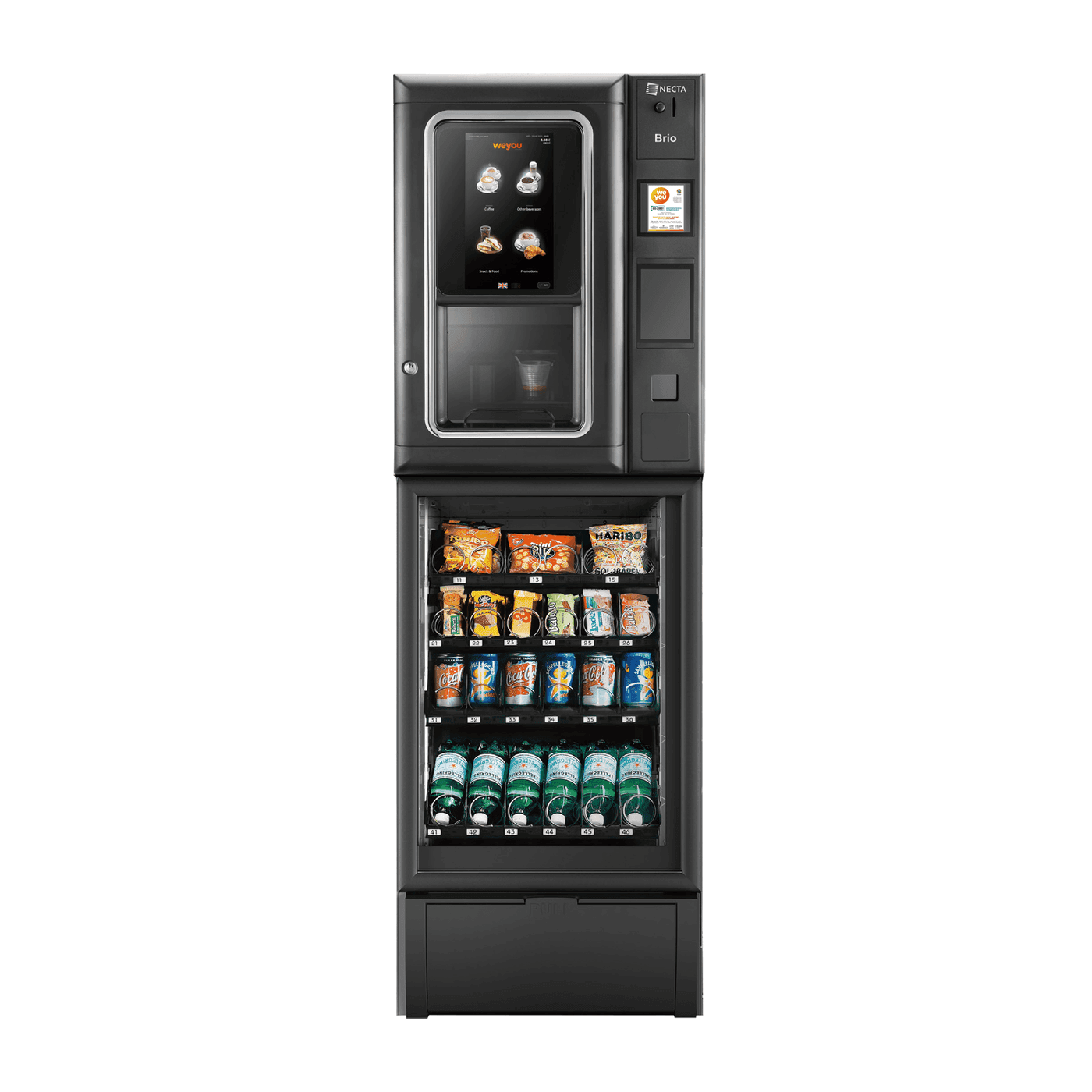Комбинирана машина Necta Brio Touch + Mini Snakky - кафе машина върху снакс шкаф, изглед отпред